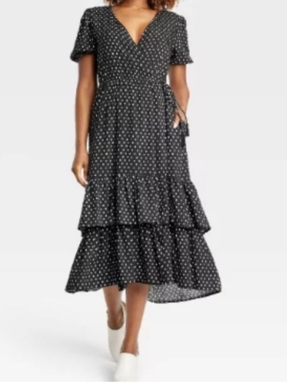 New Knox rose short sleeve wrap dress with black and white square dot pattern